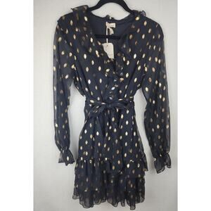 Hem & Thread Women's M Black & Gold Tiered ruffled dress with sheer sleeves